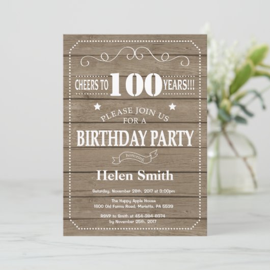 Rustic 100th Birthday Invitation Einladung (Stehend Vorderseite)