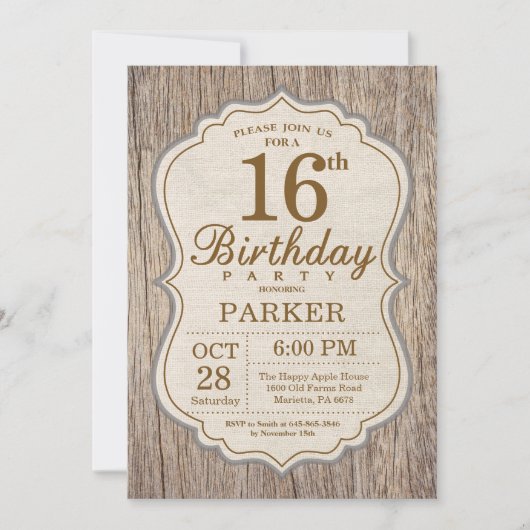 Rustic 16th Birthday Invitation Wood Einladung (Vorderseite)