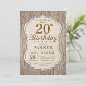 Rustic 20th Birthday Invitation Wood Einladung (Stehend Vorderseite)