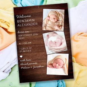 Rustic 3 Foto New Baby Country Wood Birth Ankündigung