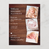 Rustic 3 Foto New Baby Country Wood Birth Ankündigungspostkarte (Vorderseite)