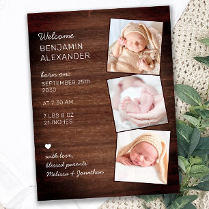 Rustic 3 Foto New Baby Country Wood Birth Ankündigungspostkarte