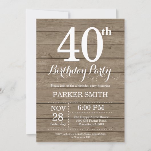 Rustic 40th Birthday Invitation Einladung (Vorderseite)