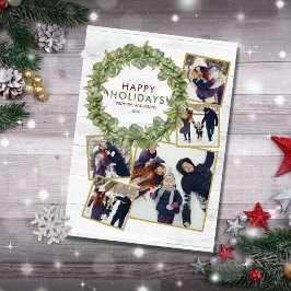 Rustic 5 Photo Collage Greenery Burgundy Christmas Feiertagskarte