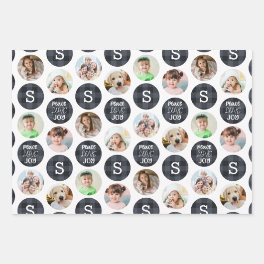 Rustic 6 Foto Monogram Kariert PEACE LIEBE JOY Geschenkpapier Set (Vorderseite)