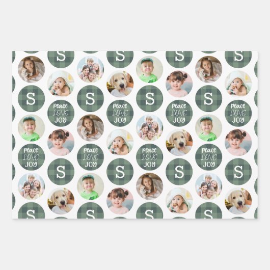 Rustic 6 Foto Monogram PEACE LIEBE JOY Kariert Geschenkpapier Set (Vorderseite)