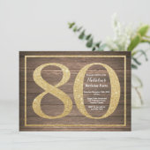 Rustic 80th Birthday Einladung Gold Glitter (Stehend Vorderseite)