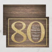 Rustic 80th Birthday Einladung Gold Glitter (Vorne/Hinten)
