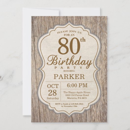 Rustic 80th Birthday Invitation Wood Einladung (Vorderseite)