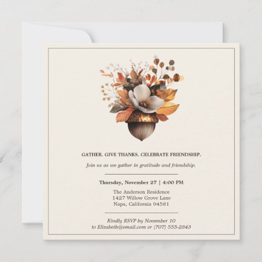 Rustic Acorn Floral | Ivory Thanksgiving Dinner Einladung (Vorderseite)