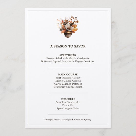 Rustic Acorn Floral White Thanksgiving Dinner Menu Menükarte (Vorderseite)