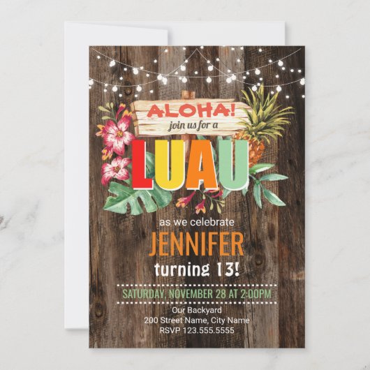 Rustic Aloha Luau Geburtstagsparty Einladung (Vorderseite)