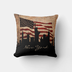 Rustic America Flag New York Skyline   Wahrzeichen Kissen