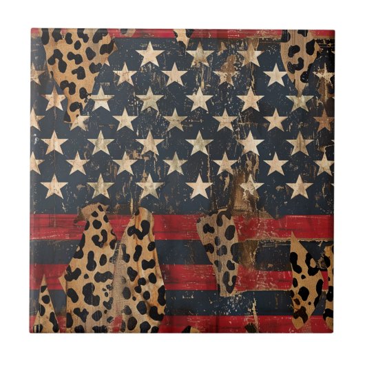 Rustic American Flag Leopard Print (3) Fliese (Vorderseite)