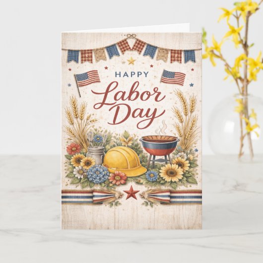 Rustic Americana Happy Labor Day Karte (Gelbe Blume)