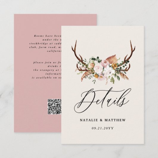 Rustic Antler Floral Wedding woodland Boho Details Begleitkarte (Vorne/Hinten)