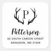 Rustic Antler Monogram Rücksendeadresse Quadratischer Aufkleber (Vorderseite)