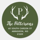 Rustic Antler Monogram Rücksendeadresse Runder Aufkleber (Vorderseite)