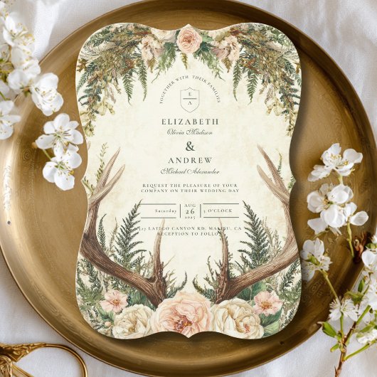 Rustic Antler Woodland Floral Wedding Einladung
