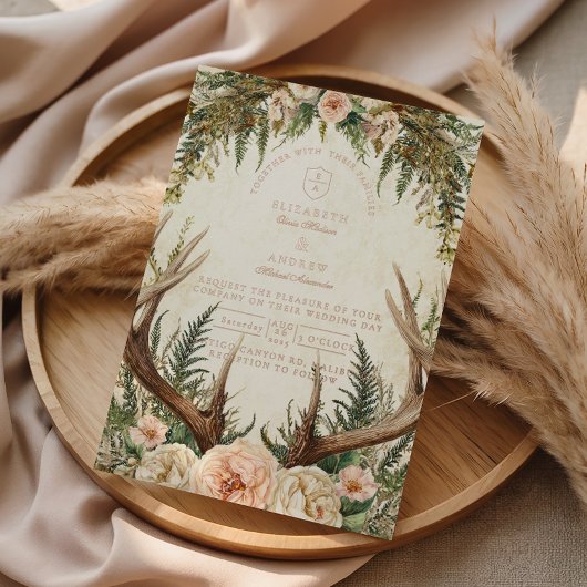 Rustic Antler Woodland Floral Wedding Folieneinladung