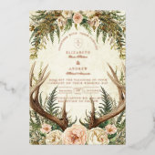 Rustic Antler Woodland Floral Wedding Folieneinladung (Vorderseite)