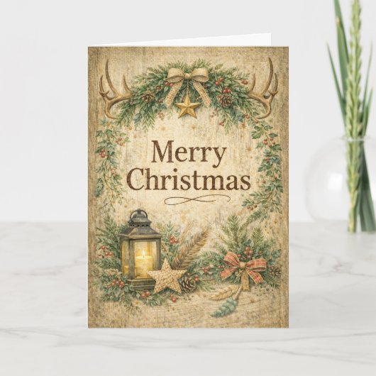 Rustic Antler Wreath Merry Christmas  Feiertagskarte (Vorderseite)