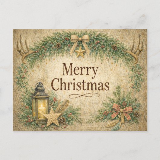Rustic Antler Wreath Merry Christmas  Feiertagspostkarte (Vorderseite)