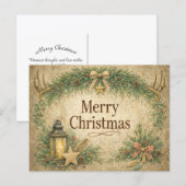 Rustic Antler Wreath Merry Christmas  Feiertagspostkarte (Vorne/Hinten)
