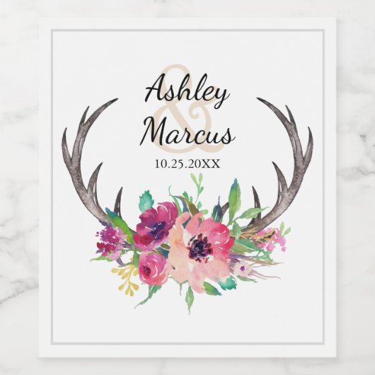 Rustic Antlers Boho Floral Allure Weinetikett (Einzelnes Label)