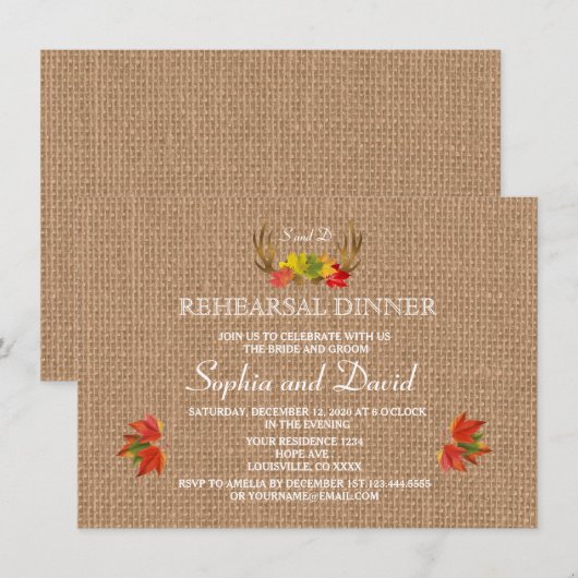 Rustic Antlers Fall Boho Wedding PROBE DINNER Einladung (Vorne/Hinten)