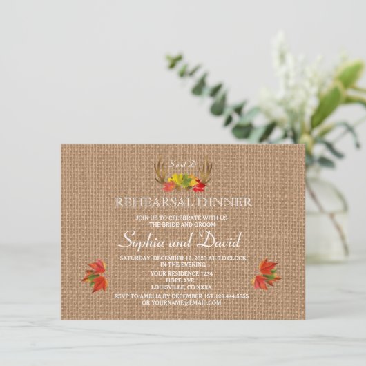Rustic Antlers Fall Boho Wedding PROBE DINNER Einladung (Stehend Vorderseite)