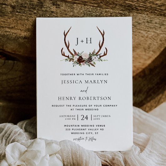 Rustic Antlers Floral Boho Wedding Einladung