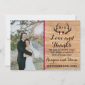 Rustic Antlers Floral Burgundy Wood Vielen Dank Dankeskarte (Vorderseite)