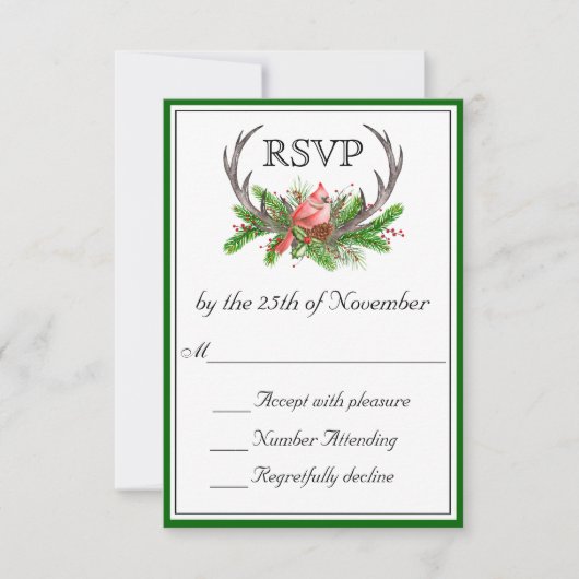 Rustic Antlers Green Edge Wedding RSVP (Vorderseite)