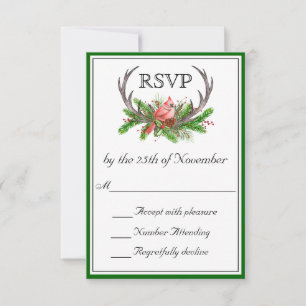 Rustic Antlers Green Edge Wedding RSVP Karte