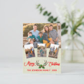 Rustic Antlers Holly Weihnachtsfoto Collage Feiertagspostkarte (Stehend Vorderseite)