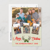 Rustic Antlers Holly Weihnachtsfoto Collage Feiertagspostkarte (Vorne/Hinten)