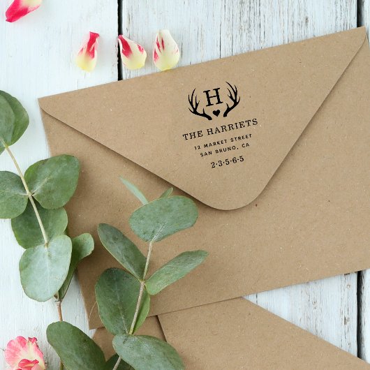 Rustic Antlers Monogram Family Name Rücksendeadres Permastempel