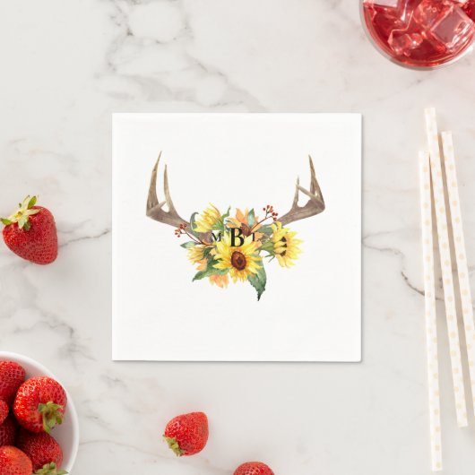 Rustic Antlers Sonnenblume Monogram Wedding Cockta Serviette (Beispiel)