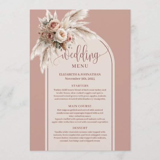 Rustic Arch Pastel Pink Pampas Floral Wedding Menu Menükarte (Vorderseite)