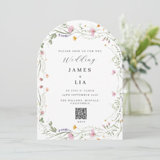 Rustic Arch Wildblume+ UAWG QR Code Hochzeit Einladung (Stehend Vorderseite)