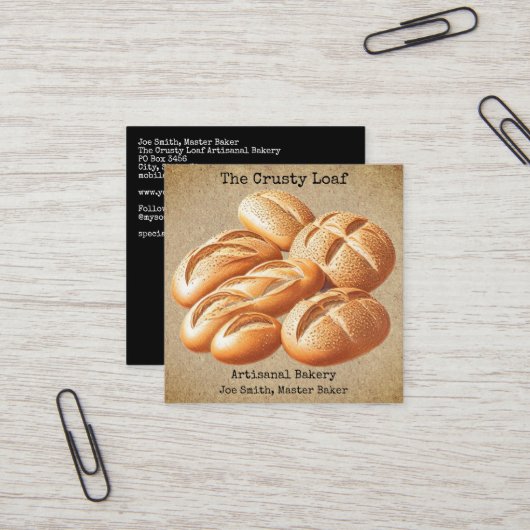 Rustic Artisanal Bakery Square Business Card Quadratische Visitenkarte (Vorderseite/Rückseite Beispiel)