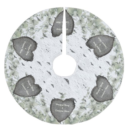 Rustic Aspen Bark Wood Carved Hearts Paare Namen Polyester Weihnachtsbaumdecke (Vorderseite)