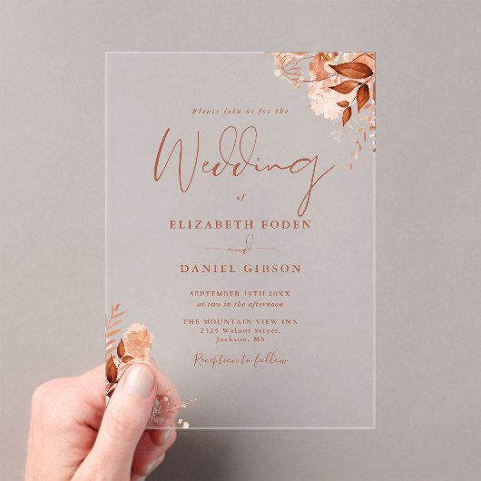 Rustic Autumn Fall Floral Script Wedding Acryleinladungen (Insitu (Handheld))