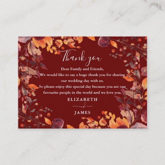 Rustic Autumn Fall Floral Wedding Thank You Platzkarte (Vorderseite)