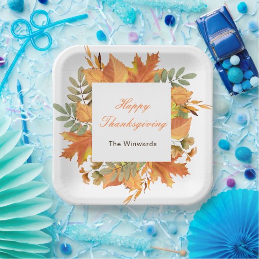Rustic Autumn Fall Leaves Square Thanksgiving  Pappteller (Party)
