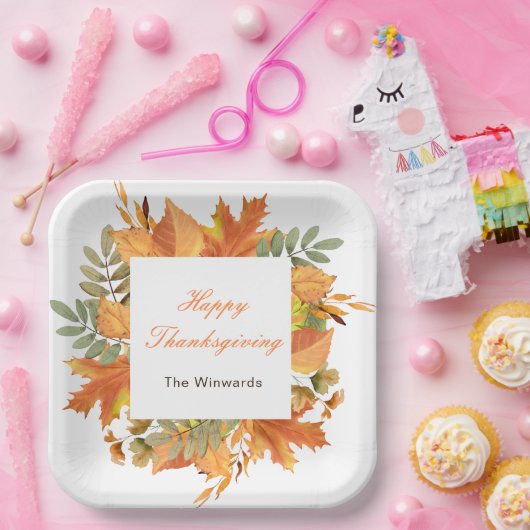 Rustic Autumn Fall Leaves Square Thanksgiving Pappteller (Party)