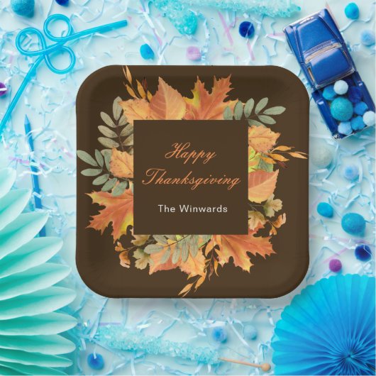 Rustic Autumn Fall Leaves Square Thanksgiving  Pappteller (Party)