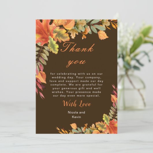 Rustic Autumn Fall Leaves Wedding Dankeskarte (Stehend Vorderseite)