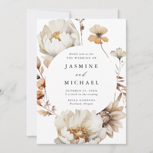 Rustic Autumn Floral Circle Frame Wedding Einladung (Vorderseite)